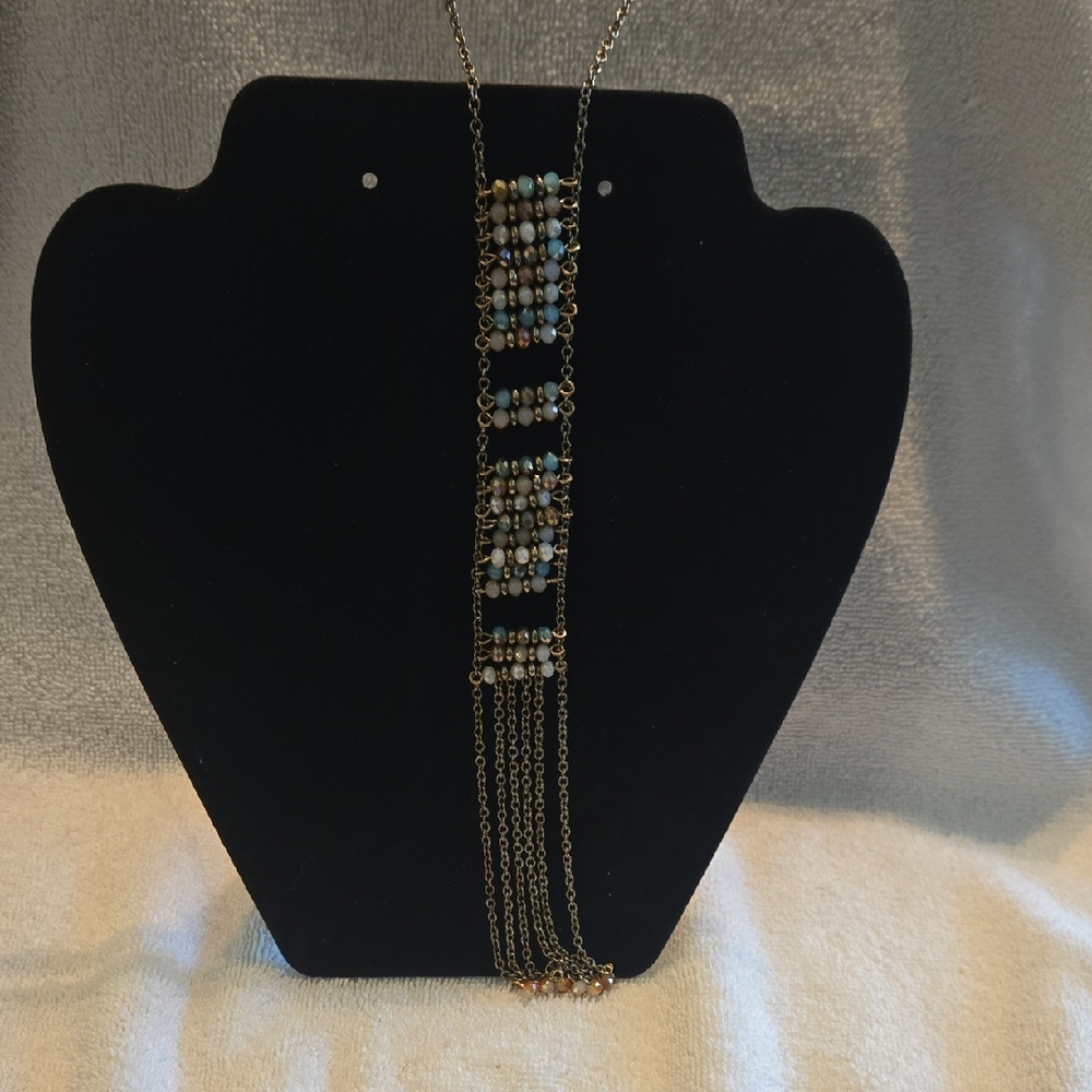 32" Long Patterned Beaded Necklace with Gold,Blue And White Accents